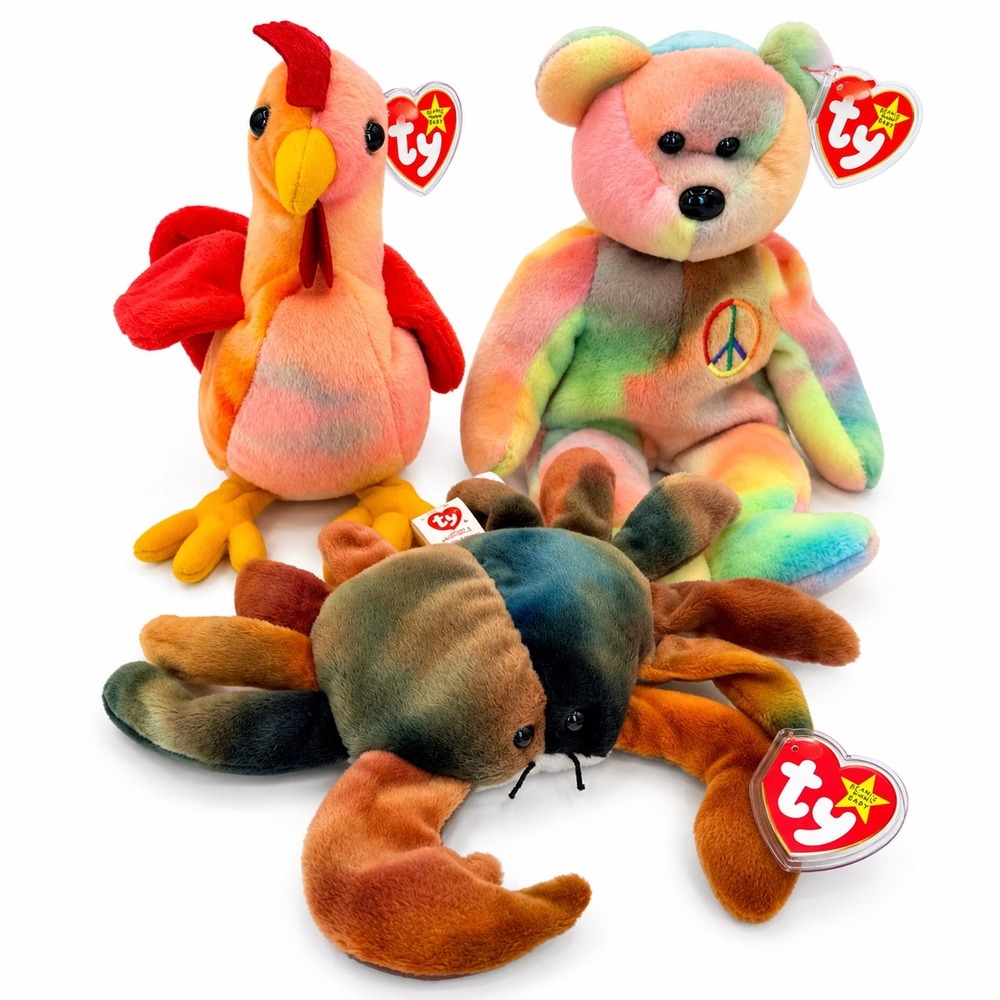 Ty Beanie Babies Bundle Peace Bear Claude Crab Strut Rooster Tie Dye 1996 3pc